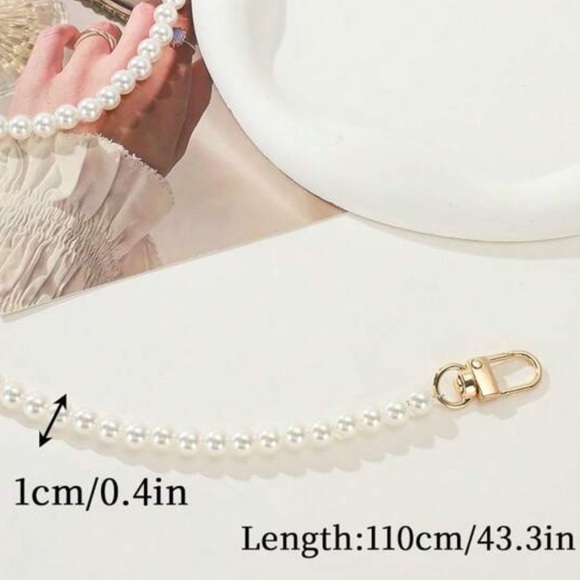 Elegant White Faux Pearl Bag Chain 43.3inches - Gold Hardware - Picture 2 of 5